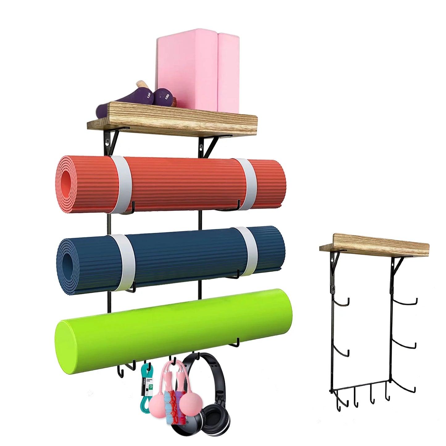 Yoga Mat Holder, Yoga Mat Storage Wall Mount Sturdy Yoga Mat Rack Organizer with 4 Hooks for Foam Roller Resistance Bands and Yoga Equipment Accessories at Home Gym